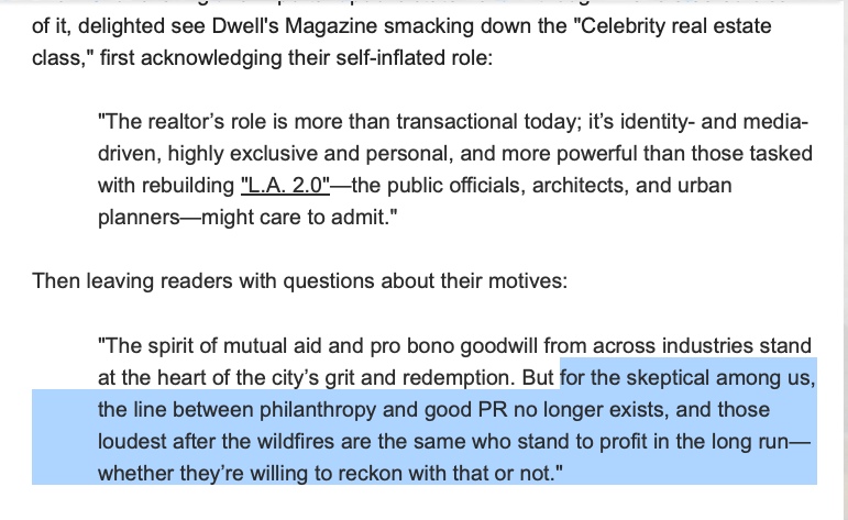 RealEstateCafe's tweet photo. #CalFires = time to question values of celebrity RE culture? See final paragraph about intersection of pro-bono goodwill & payback
Invite "skeptical among us" to discuss line betw/ philanthropy & self-interest
If #BuyerAgent championing needs of common man, not #Plutocracy, DM! https://t.co/jqB7dnjY3x