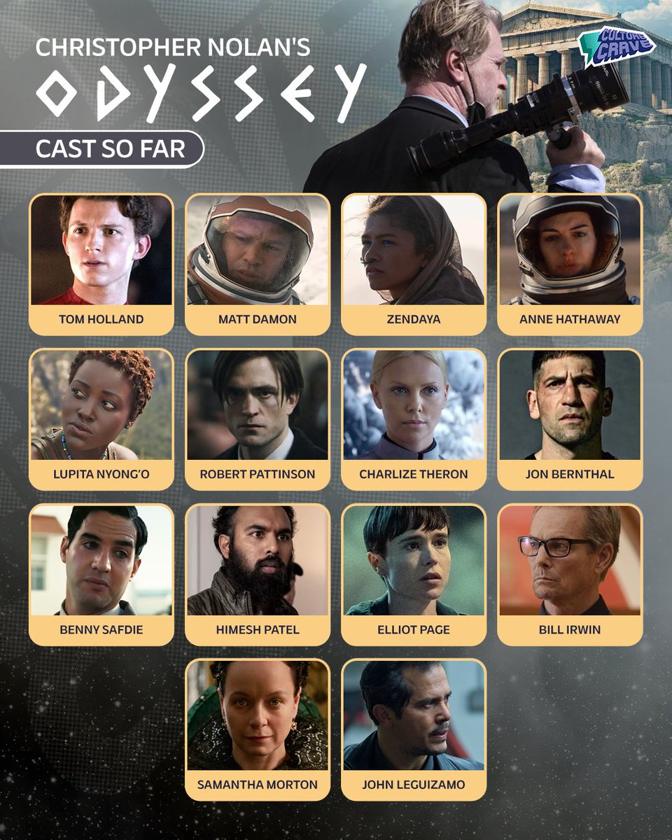 CultureCrave's tweet photo. Cast so far for Christopher Nolan's #TheOdyssey 

• Filming begins in late February
• Releasing In theaters July 17, 2026 https://t.co/lALDrRRl2D
