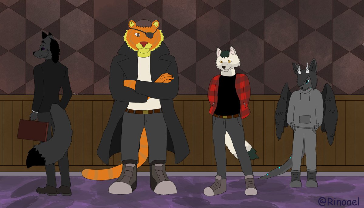 Rinoael's tweet photo. I made a drawing of the RPG party I'm currently participating, featuring me, @Felkin7575 @needenk @BlackFoxOwO as players and @beare_star as the gamemaster

#furry #furryart https://t.co/wvA04hZhik