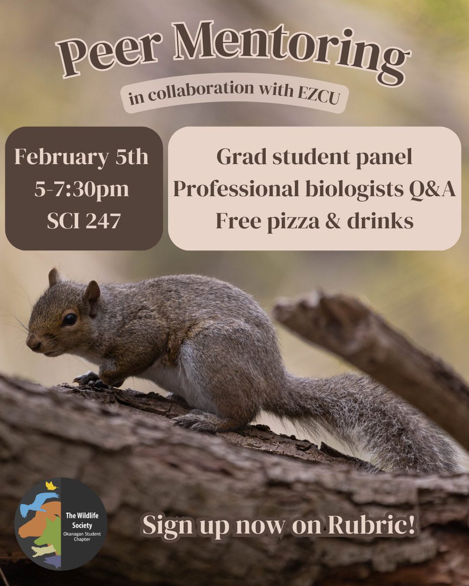 Hey Wildlifers! 

Come out to SCI 247 on February 5th from 5-7:30pm to learn from two professional biologists and graduate students in ecology/zoology. 

Link in bio to sign up on rubric!

Stay safe and stay wild! 🦌🐜🌳

#thewildlifesociety #ubc #ubco #ubcokanagan #wildlife #suo
