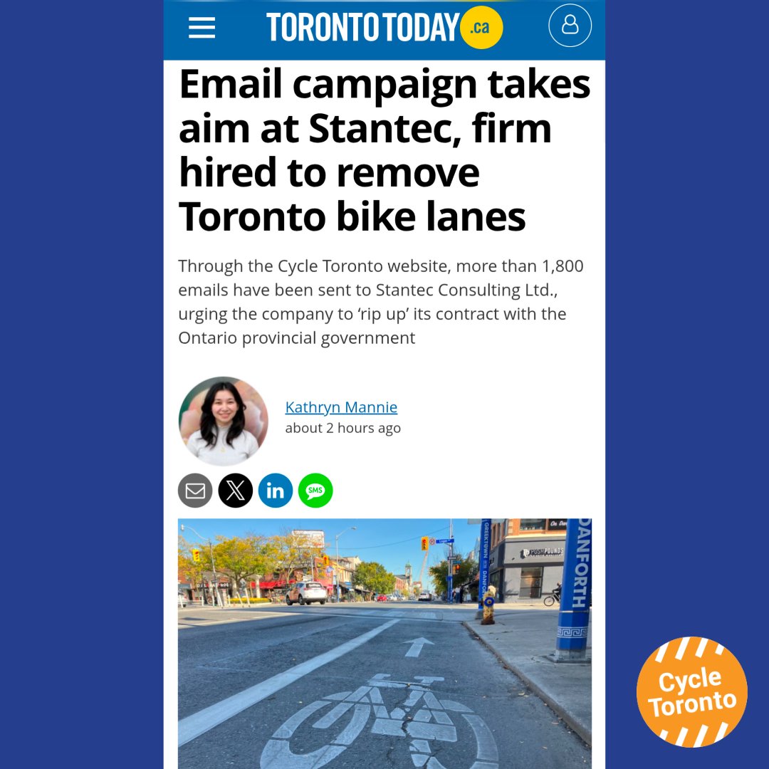 Cycle Toronto (@cycletoronto) on Twitter photo Toronto voted for safer streets. But Stantec will profit from Ontario’s reckless plan to rip out Toronto's busiest bike lanes. Tell Stantec to rip up this contract before they rip out your bike lanes.
<a href="/TheBikingLawyer/">The Biking Lawyer (Dave Shellnutt)</a>
<a href="/torontotodayca/">TorontoToday</a>
cycleto.ca/shame_on_you_s… Toronto voted for safer streets. But Stantec will profit from Ontario’s reckless plan to rip out Toronto's busiest bike lanes. Tell Stantec to rip up this contract before they rip out your bike lanes.
<a href="/TheBikingLawyer/">The Biking Lawyer (Dave Shellnutt)</a>
<a href="/torontotodayca/">TorontoToday</a>
cycleto.ca/shame_on_you_s…