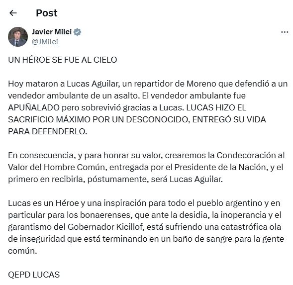 Gracias Presidente. 

Más oportunismo político y carancho que este tuit, hace mucho que no leía. 

Los bonaerenses NO necesitamos condecoraciones, necesitamos SEGURIDAD. 

Hace meses venimos pidiendo la intervención de la Provincia de Buenos Aires, potestad que usted tiene como