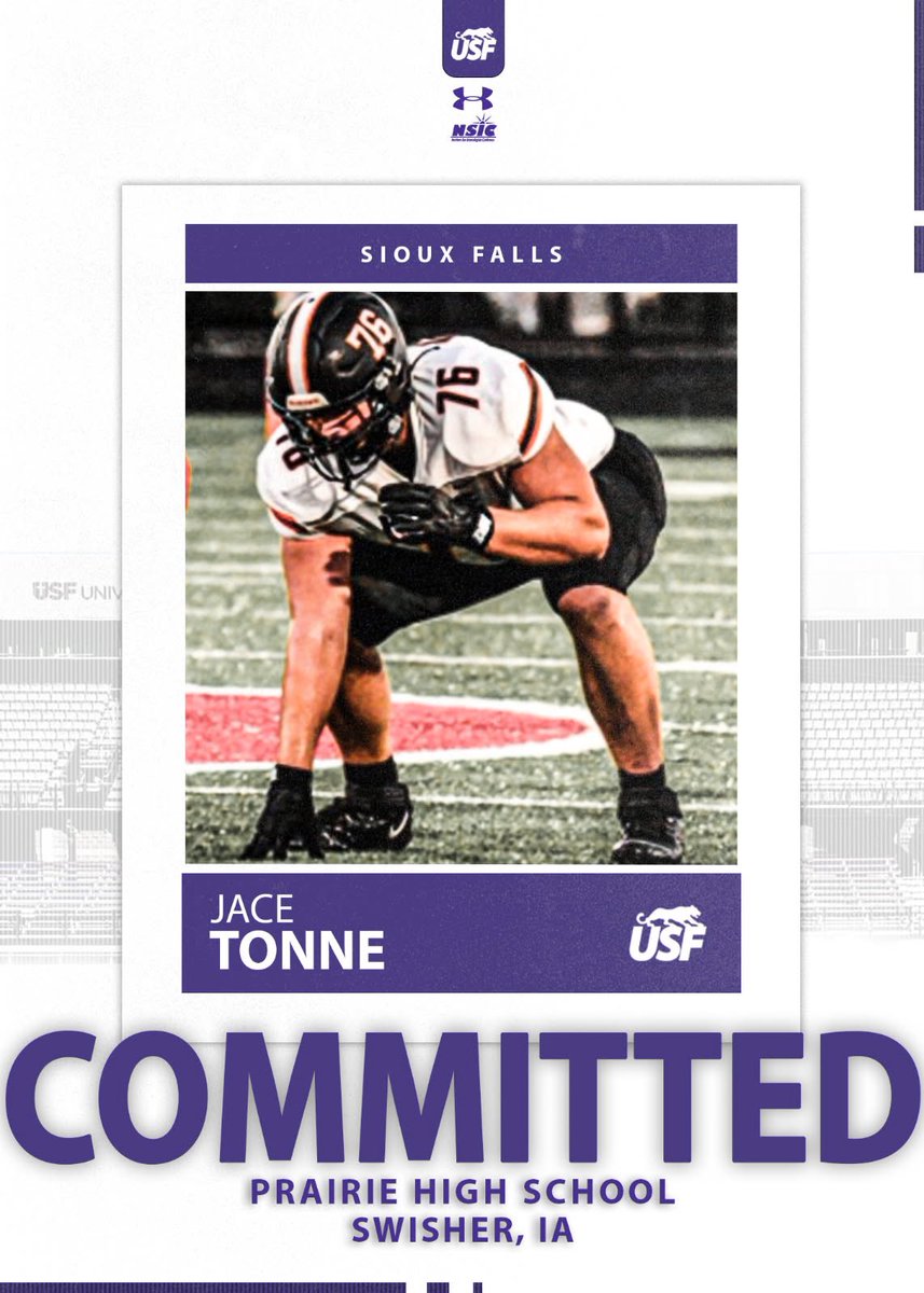 Jace Tonne (@thebigjc06) on Twitter photo After great talks with my family and <a href="/CoachCapitani/">Spencer Capitani</a> I am excited to announce my commitment to The University of Sioux Falls!!! Thank you to my friends, family, and coaches who have helped me along the way!
Letโs work!! ROLL COO!!!๐ฃโช๏ธโซ๏ธ
<a href="/crpfootball/">Prairie Hawk Football</a> <a href="/JimGlogowski/">Coach Glo</a> <a href="/USFCougarsFB/">USF Football</a> After great talks with my family and <a href="/CoachCapitani/">Spencer Capitani</a> I am excited to announce my commitment to The University of Sioux Falls!!! Thank you to my friends, family, and coaches who have helped me along the way!
Letโs work!! ROLL COO!!!๐ฃโช๏ธโซ๏ธ
<a href="/crpfootball/">Prairie Hawk Football</a> <a href="/JimGlogowski/">Coach Glo</a> <a href="/USFCougarsFB/">USF Football</a>