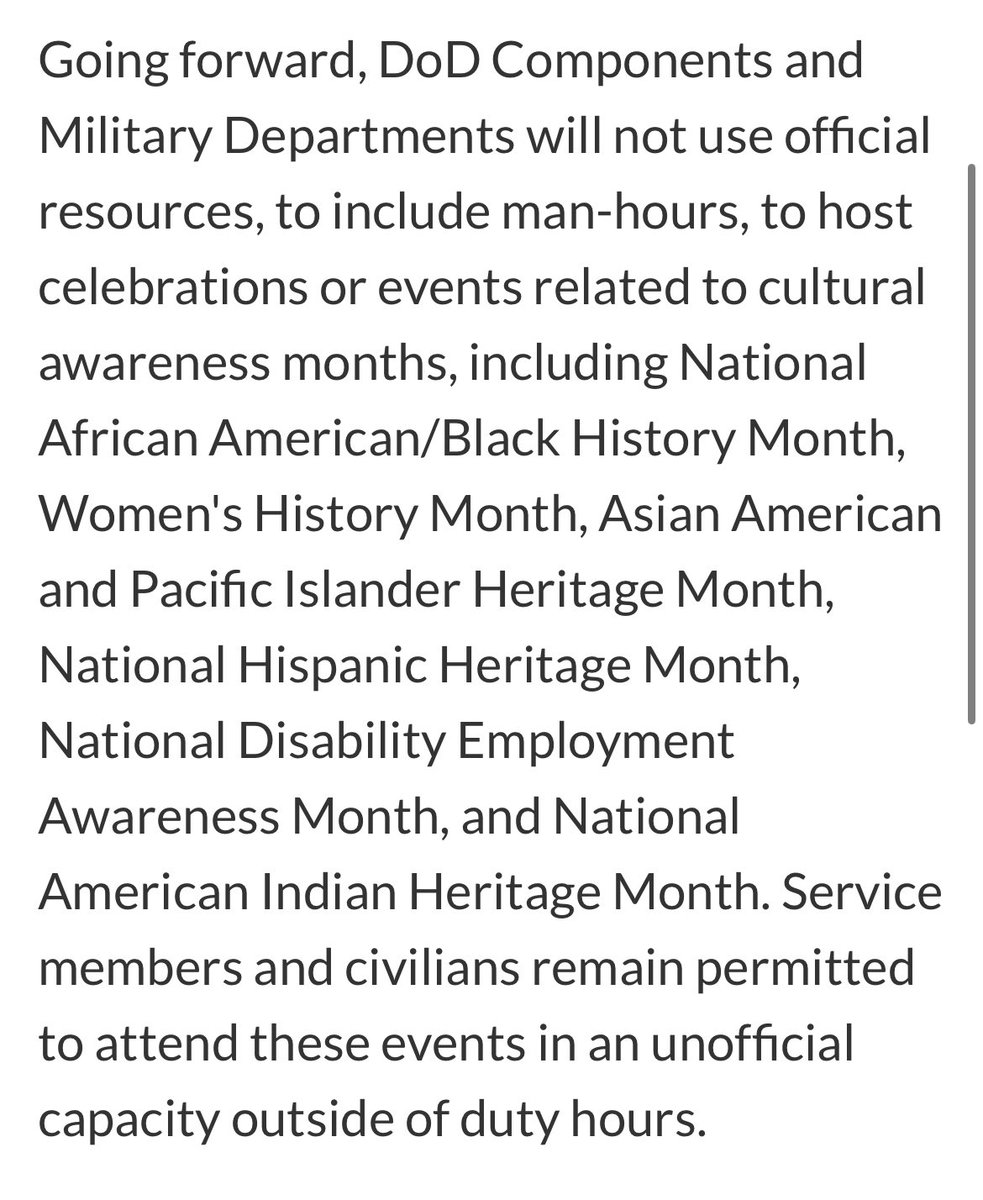 Defense Department declares “identity months dead” 

Said resources will no longer be used to “host celebrations or events related to cultural awareness months” including Black History Month (which starts tomorrow)