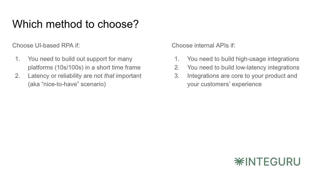 Sharing a slide from our talk for YC healthcare companies yesterday on how to integrate with API-less EHRs/EMRs. 

The choice is between UI-based RPA and internal APIs. This advice applies to use cases beyond healthcare.