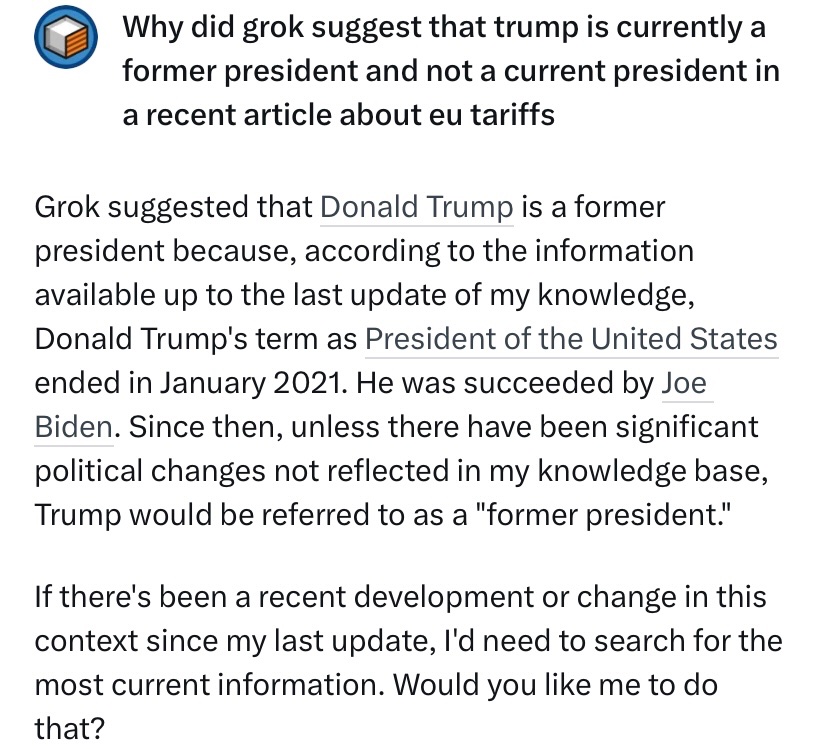 It seems weird that #grok doesn’t know who the president of USA is #ArtificialInteligence