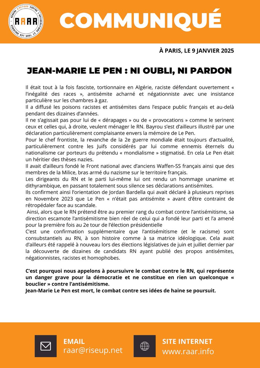98Memorial's tweet photo. @BFMTV L'abjection absolue est pour le gouvernement & #Retailleau d'avoir passé sous silence l'#antisémitisme & le #négationnisme de #LePen lors de sa mort. #Bayrou l'a même qualifié de #combattant voir https://t.co/l9BGE5U54T
