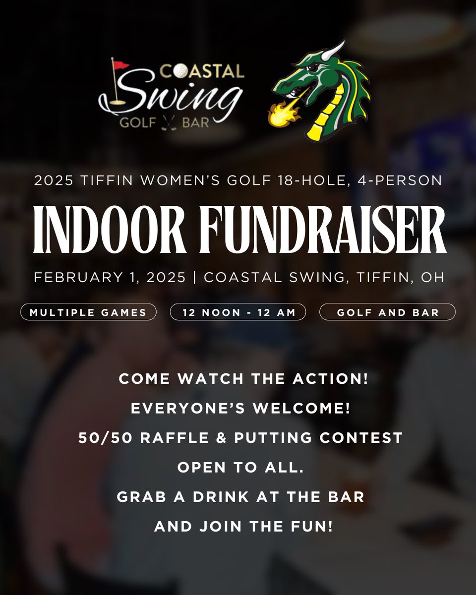 ⛳️🏌️‍♀️ Join us for the 2025 Tiffin Women’s Golf Indoor Fundraiser! 🎉

📅 February 1, 2025
📍 Coastal Swing, Tiffin, OH
⏰ 12 PM - 12 AM

Tag your friends and let’s make it a night to remember! 🎯🔥 #TiffinWomensGolf #IndoorGolf #FundraiserFun