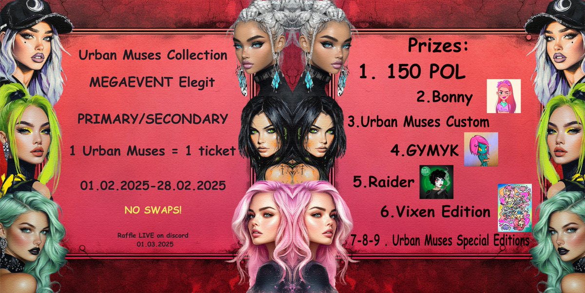 ❣️❣️MEGAEVENT Urban Muses❣️❣️

Primary/Secondary  01.02.2025 - 28.02.2025

Get a chance to WIN: 1 of 9 prizes

Live Discord Raffle! 01.03.2025

🚫NO SWAPS‼️
opensea.io/collection/urb…
#UrbanMuses #NFTCollectors #nftbuyers #NFTfamily