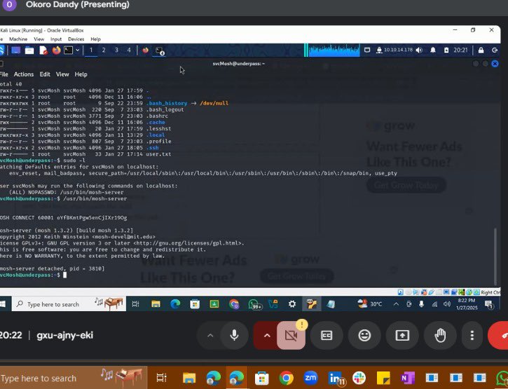 Cyprian377's tweet photo. Finally getting root access was the next thing and was fairly easy. Running the sudo  -l command gave us. usr/bin/mosh-server as an output. We ran the man mosh- server command to better understand what mosh-server was. https://t.co/V0aVsALFmK