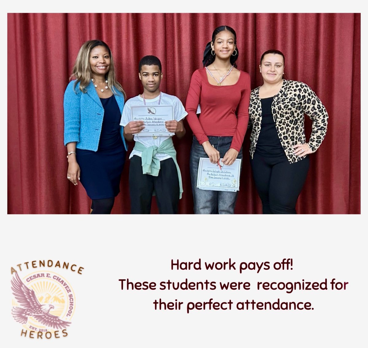 Celebrating our Attendance Heroes!  They have achieved perfect attendance this semester! They have shown remarkable commitment and determination by coming to school daily and embracing every opportunity to learn and grow.  Big round of applause to our Attendance Heroes!  👏🏼👏🏼👏🏼