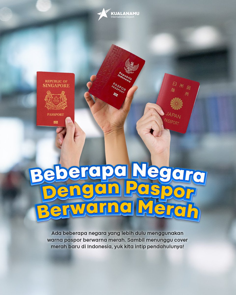 kno_airport's tweet image. Paspor merah baru Indonesia segera hadir! Tahukah #APfriends bahwa beberapa negara sudah lebih dulu menggunakan warna ini? Kira-kira, kenapa ya paspor bisa berbeda warna? Apa makna di balik warna merah ini? Tulis pendapatmu di kolom komentar!

#Kualanamu
#Bandarakualanamu
#Paspor