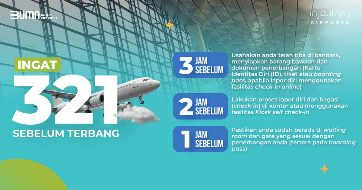 CCINJAirports's tweet photo. Halo #SobatAPI, Persiapkan perjalanan udara kamu dengan cermat ya!
Tips-nya dengan selalu mengingat langkah 3,2,1 untuk pengalaman perjalanan udara yang lebih menyenangkan!
Update terkait InJourney Airports, #SobatAPI disilakan menghubungi:
Telepon : 138 atau 172
Whatsapp : +62 811 984 138
Email : contact@injourneyairports.id
#InJourneyAirports
#AngkasaPuraIndonesia
#MelayaniSepenuhHati
#BUMNUntukIndonesia