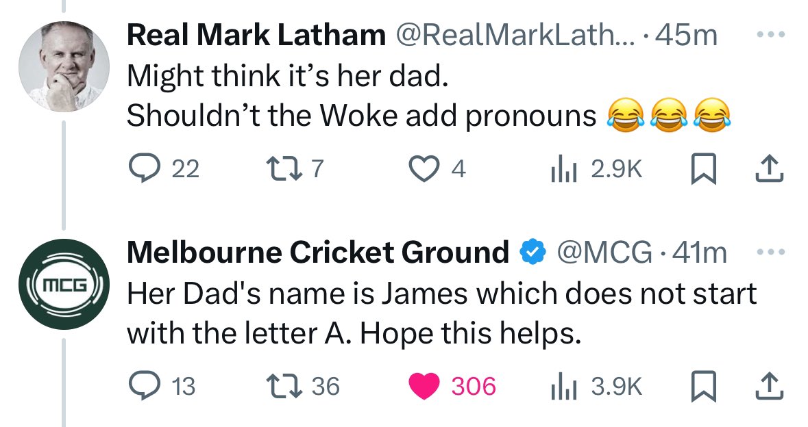 Absolutely bodied by a cricket ground account. Go cry into your dirty polo and oversized shorts