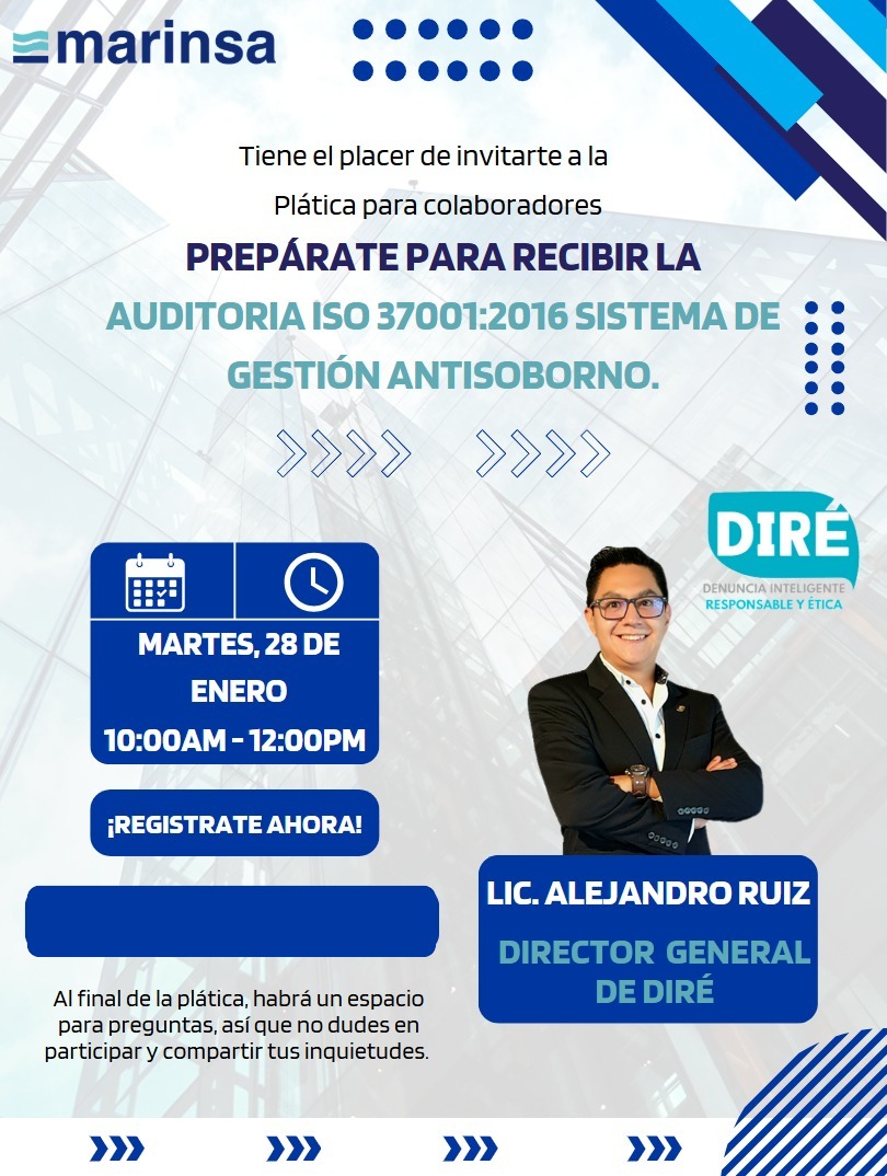 "Cuando no tomas una postura firme contra la corrupción, tácticamente la apoyas”.

El pasado 28 de enero tuve la oportunidad de brindar la capacitación "Preparación para recibir la Auditoría ISO 37001:2016 Sistemas de gestión antisoborno”,
#Antisoborno #Anticorrupción #ISO37001