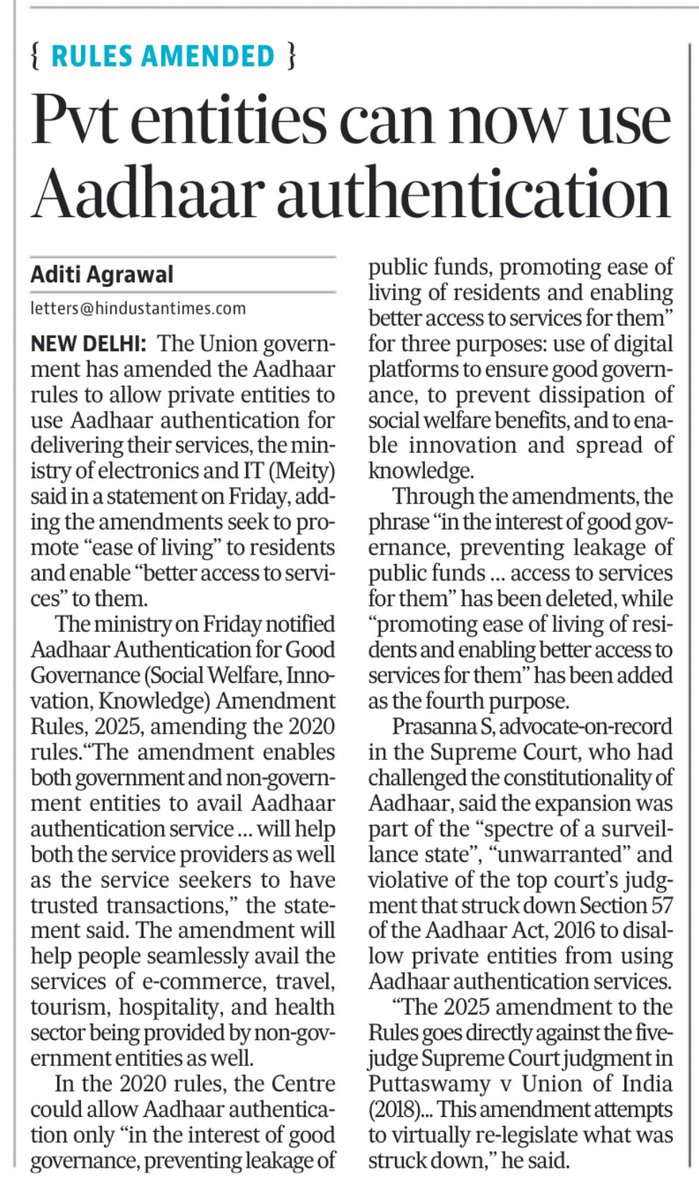 New: Govt has amended Aadhaar rules to allow private entities such as e-commerce sites, hotels, hospitals to use Aadhaar for authentication. 

<a href="/prasanna_s/">Prasanna S</a> says this violates SC’s judgement on S57 of Aadhaar Act. 

Link: hindustantimes.com/india-news/pri…