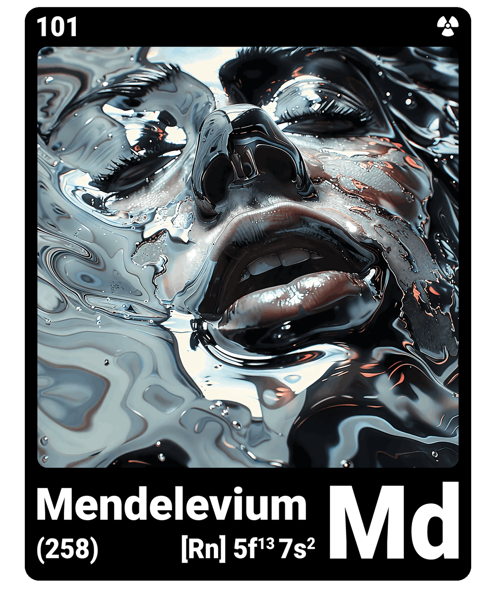br_AI_king's tweet photo. brAIking This is what it looks like when AI gives the chemical element mendelevium a face - find all ChemicalElements in the bio ScienceArt https://t.co/K5pHGnVFyz