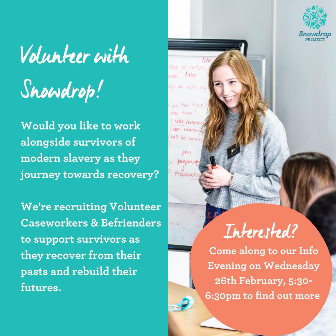 Snowdrop Project (@snowdropproject) on Twitter photo We're looking for volunteer Caseworkers and Befrienders ๐
Come along to our Info Evening at Snowdrop's office on 26th February, 5:30-6:30pm to find out more! To register your attendance, please email info@snowdropproject.co.uk.
Find out on our website: buff.ly/3rNm33M We're looking for volunteer Caseworkers and Befrienders ๐
Come along to our Info Evening at Snowdrop's office on 26th February, 5:30-6:30pm to find out more! To register your attendance, please email info@snowdropproject.co.uk.
Find out on our website: buff.ly/3rNm33M