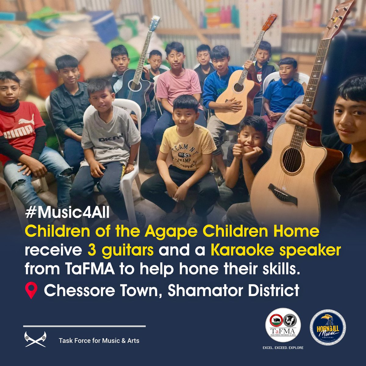 TafmaNagaland's tweet image. #Music4All
Children of the Agape Children Home receive 3 guitars and a Karaoke speaker from TaFMA to help hone their skills.

📍Chessore Town, Shamator District.