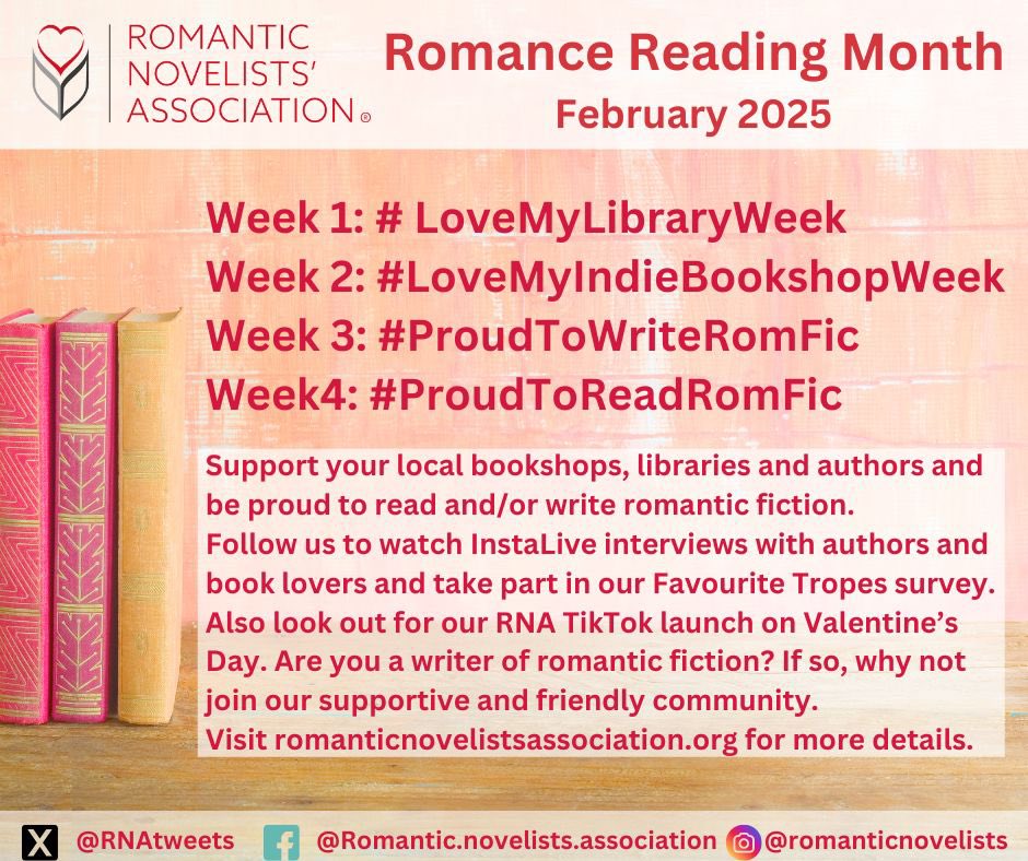 RNAtweets's tweet photo. February is Romance Reading Month! So we want to shout about how proud we are to read and write romantic fiction. Today we are launching our Bluesky account so follow us there. Week 1 is #LoveMyLibraryWeek so go & borrow lots of books.
#RNARomanceReadingMonth
#ProudToReadRomFic https://t.co/3ndCijbF4S