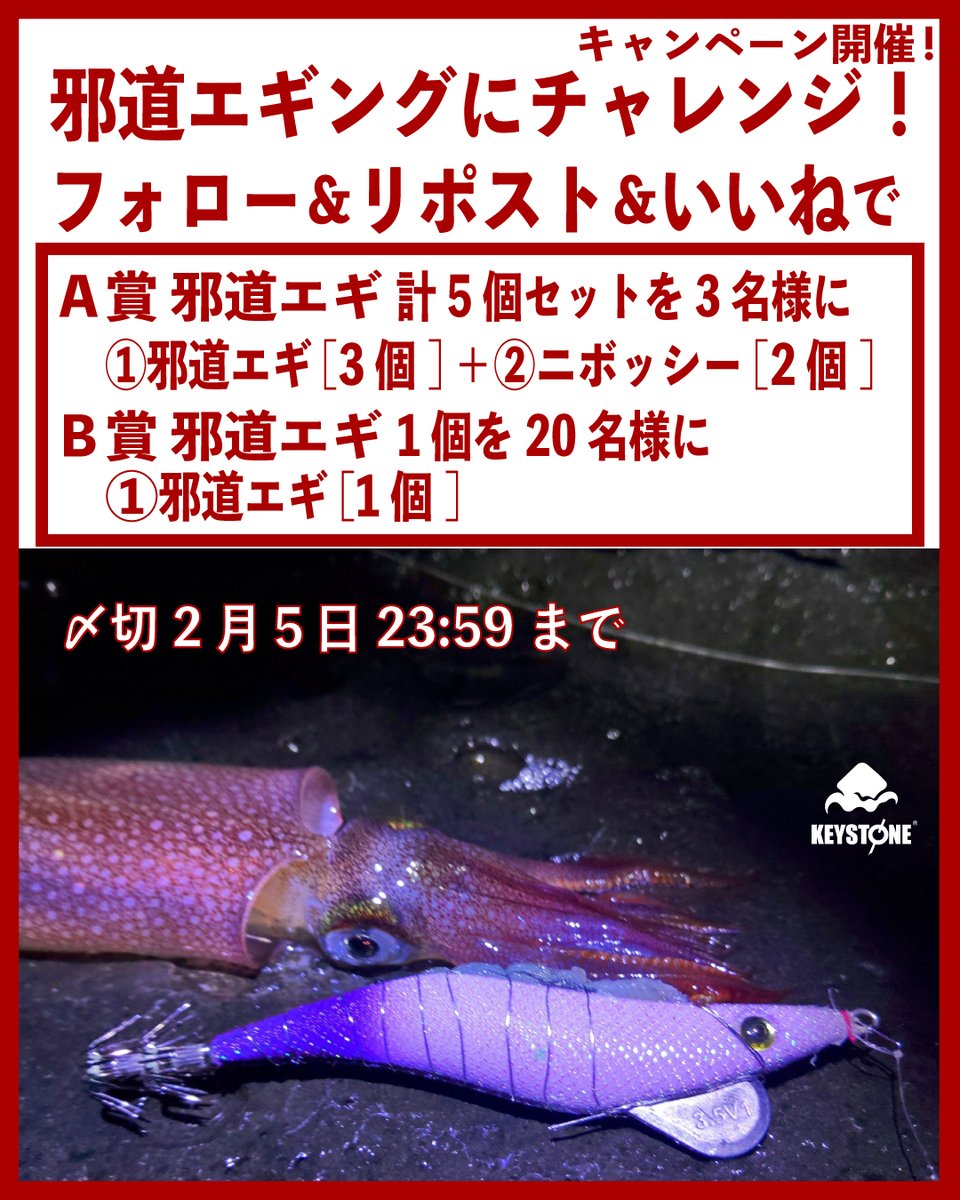 keystone_squid's tweet photo. 『邪道エギングにチャレンジ！キャンペーン』開催！🎁

「極寒の夜は、普通のエギングじゃ物足りない…」
そんなあなたに贈る、邪道エギプレゼント！🎯💝

感謝の気持ちを込めて、抽選で 総勢23名様 に邪道エギをプレゼント！🎁✨

🏆 A賞（3名様） ：邪道エギ 5個セット 🎁
📍 厳選5種類の邪道エギをお届け！

🎁 B賞（20名様） ：邪道エギ 1個プレゼント！🐙

📣 「邪道エギ」って何！？
✨ 常識にとらわれない設計！
✨ 通常のエギングとは違うアプローチで釣果アップ！
✨ 使いこなせば、イカが釣れまくる⁉️

A賞の5個セットは、さまざまな状況に対応できる厳選ラインナップ！🔥

B賞は、まずは1個試してみたい方に！🐙

📣 応募条件 📣
🎯 実釣で使っていただける方！

📣 応募方法 📣
➊ このアカウントをフォロー 🐙👉 @keystone_squid
➋ この投稿をリポスト🔄 & いいね❤️
❸ 当選者には直接DM📩をお送りします！

⏰ 締切 ⏰
📅 2月5日 23:59まで

⚠️ 注意事項 ⚠️
・既にフォローいただいている方も対象です✨
・鍵アカウントはリツイートの確認ができないため、プレゼントキャンペーン対象外となります。
・カラーはお選びいただけません🎨
・転売目的応募、転売行為は禁止です🚫
・発送は未定ですが、2/15までの発送を予定しています。

🎁 「邪道エギング」を体験するチャンス！🎣✨
たくさんのご応募、お待ちしております🐙🔥