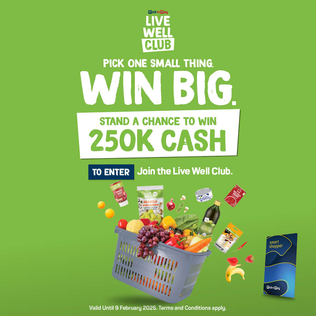 picknpayasap's tweet image. 💰Stand to WIN R250K in cash! 💰

Join the Live Well Club for FREE to enter. Pick one small thing &amp;amp; stand to win big! SMS your Smart Shopper card  number to 30659. 🌱

 *Valid until 9 February 2025. Ts&amp;amp;CS apply.

#LiveWell #LiveWellClub #TriplePoints