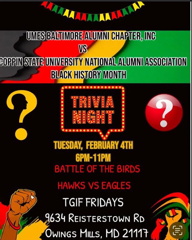 Hawks!! Join UMES Baltimore Alumni Chapter, Inc. on Tuesday, February 4th for “The Battle of the Birds” Trivia Night. This is a fundraiser for UMES Baltimore Alumni Chapter, Inc. and Coppin State University Alumni Chapter. Come out and support!!