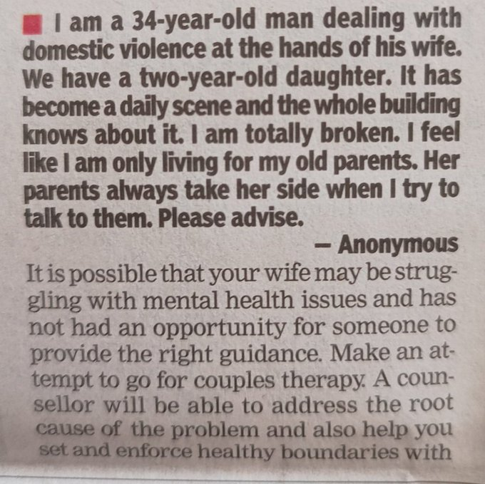 Please don't try to make fun of men who talk to you about their problems like this.

No wonder, why the man didn't reveal his name.
He might be afraid to become someone that everybody laughs at.