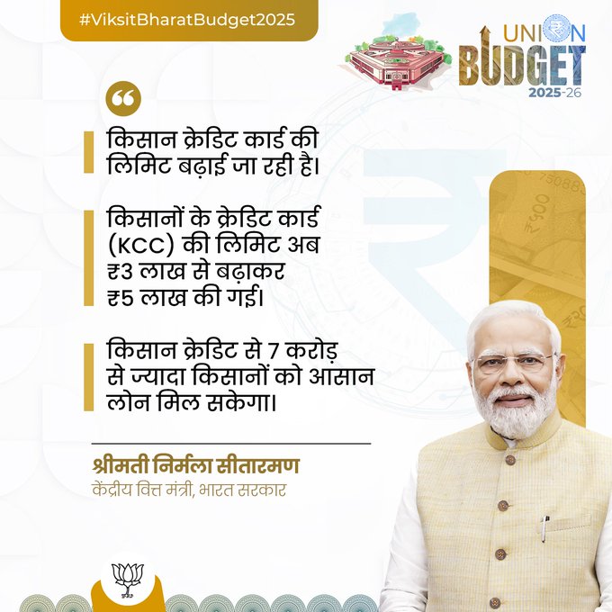 किसान क्रेडिट कार्ड की लिमिट बढ़ाई जा रही है।

किसानों के क्रेडिट कार्ड (KCC) की लिमिट अब ₹3 लाख से बढ़ाकर ₹5 लाख की गई।

किसान क्रेडिट से 7 करोड़ से ज्यादा किसानों को आसान लोन मिल सकेगा।

- श्रीमती <a href="/nsitharaman/">Nirmala Sitharaman</a> 

#ViksitBharatBudget2025