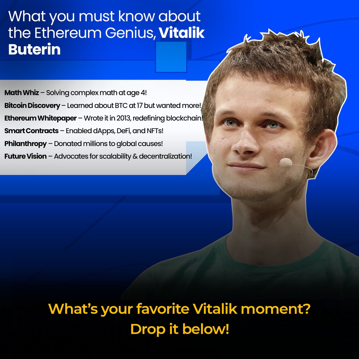 btcblockchain_'s tweet photo. 🚀 Vitalik Buterin – the Ethereum genius who changed the game! 🌍 From solving math at 4 to pioneering Ethereum &amp; #SmartContracts, his journey is legendary. ✨

What’s your favorite Vitalik moment? Drop it below! 👇

#VitalikButerin #Ethereum #Crypto #Blockchain #TechGenius #NFTs https://t.co/DJ3Mq4GaSJ