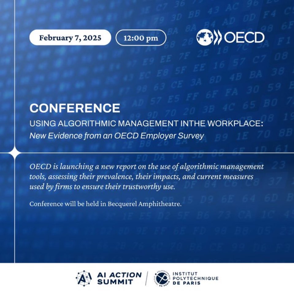 Stefano Scarpetta (@stescarpetta) on Twitter photo I’ll present the first-ever survey on #algorithm management in the workplace at the #AI Action Summit in Paris on Feb 7th. 6000 companies in 6 #OECD countries with new insights on the extent of AI use by managers & outcomes. We will discuss it with <a href="/PAghion/">Philippe Aghion</a> and key experts. I’ll present the first-ever survey on #algorithm management in the workplace at the #AI Action Summit in Paris on Feb 7th. 6000 companies in 6 #OECD countries with new insights on the extent of AI use by managers & outcomes. We will discuss it with <a href="/PAghion/">Philippe Aghion</a> and key experts.