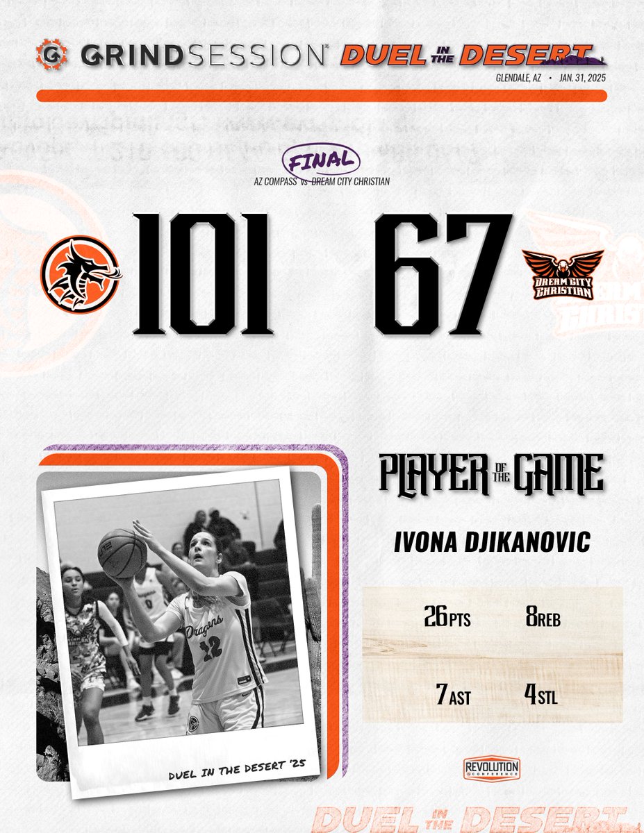 FINAL 
AZ Compass (AZ) 101 
Dream City Christian (AZ) 67 
Player of the Game: Ivona Djikanovic 26p 8r 7a 4s  

Alexiz Graise 24p 6r 2a 2s 
Emma Slack 35p (11/19 3PM, ties overall GS 3PM record) 4r 
Brooke Elliott 9p 8r 1s