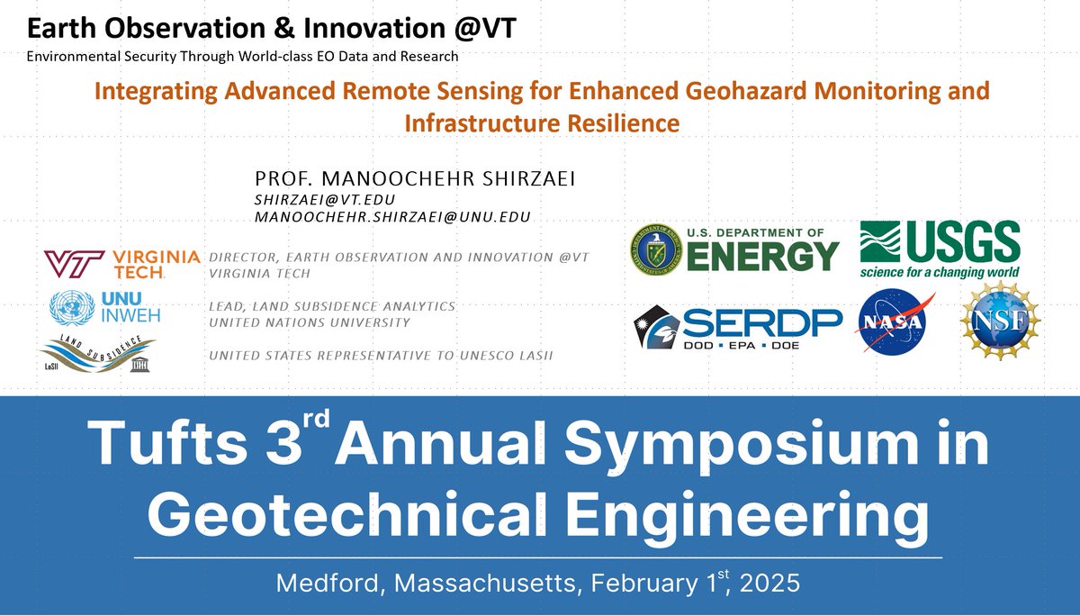 Manoochehr Shirzaei (@shirzaei) on Twitter photo I am very excited to be invited to give a keynote at <a href="/TuftsUniversity/">Tufts University</a> 3th annual symposium in #geotechnical engineering. I will be highlighting some of the work we do in <a href="/EOI_lab/">Earth Observation & Innovation @VT</a> and <a href="/HIRSlab/">Hydrologic Innovation & Remote Sensing @VT</a> of <a href="/vtgeosciences/">Geosciences at VT</a> <a href="/VT_Science/">Virginia Tech Science</a> on application of #Earth #Observation data and #AI for I am very excited to be invited to give a keynote at <a href="/TuftsUniversity/">Tufts University</a> 3th annual symposium in #geotechnical engineering. I will be highlighting some of the work we do in <a href="/EOI_lab/">Earth Observation & Innovation @VT</a> and <a href="/HIRSlab/">Hydrologic Innovation & Remote Sensing @VT</a> of <a href="/vtgeosciences/">Geosciences at VT</a> <a href="/VT_Science/">Virginia Tech Science</a> on application of #Earth #Observation data and #AI for