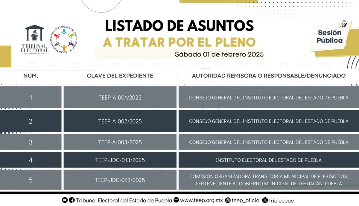 trielecpue's tweet image. #AgendaTEEP | Dada la urgencia, se publica el listado de asuntos que serán tratados y resueltos en la Sesión Pública del TEEP, convocada para las 10:00 horas del día 01 de febrero del 2025. 

Conoce aquí los asuntos: 
📃✅️ teep.org.mx/jurisdiccional…