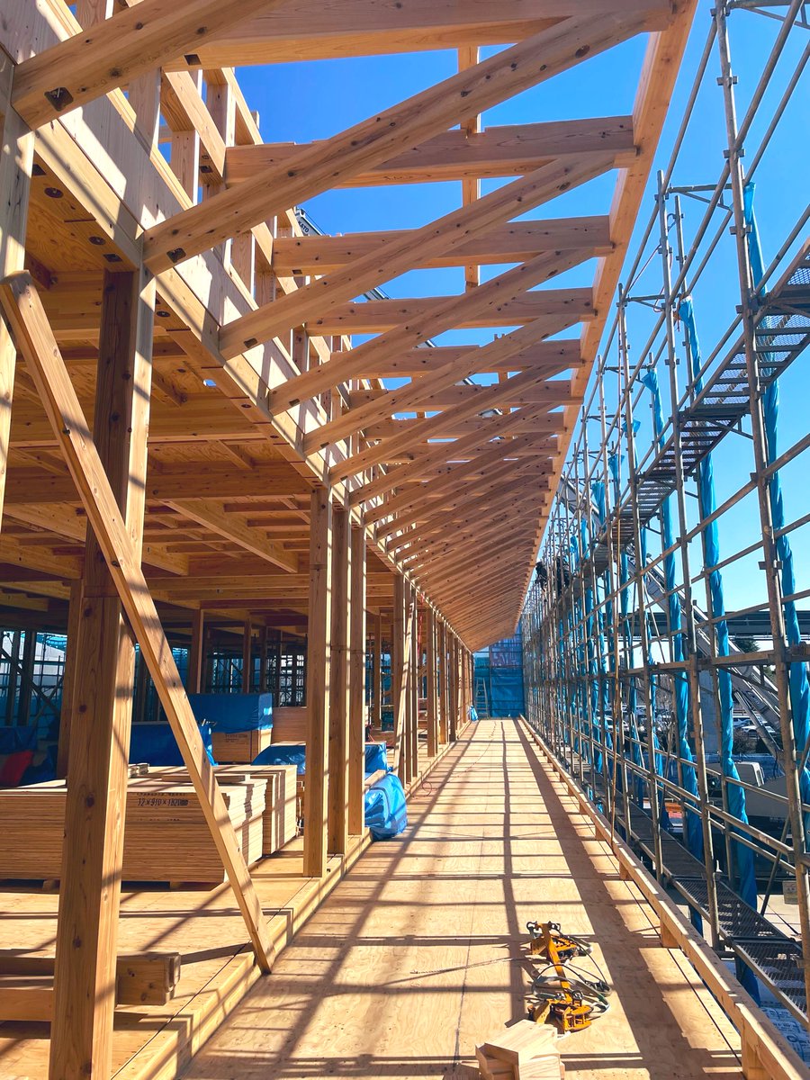 木造商業施設の現場。
建ち上がってきた。