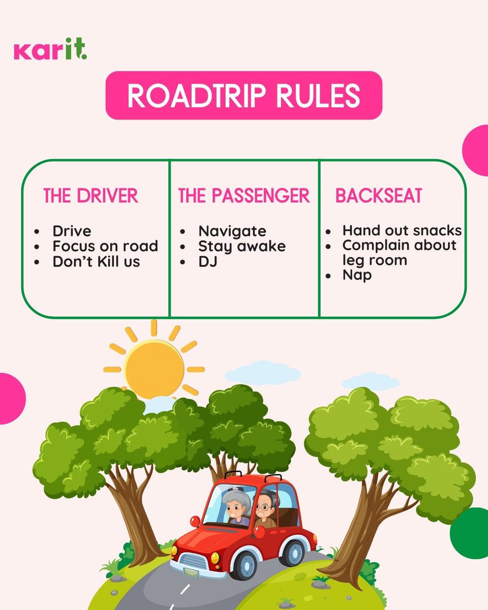 wekarit's tweet photo. Road Trip Rules

1. Driver Duties:
* Keep your hands on the wheel and eyes on the road.
* Stay focused—no distractions, no texting!
* Drive safely and responsibly—our lives are in your hands.

1/3 https://t.co/DdjUahYynq