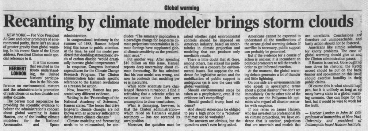 JunkScience's tweet image. 26 years ago today: NASA climate chief and Climate Hoax Patient Zero James Hansen admits that climate models don&apos;t work because the forces that drive climate change are not understood with sufficient accuracy. He admitted the his own model was wrong and that climate modeling is…