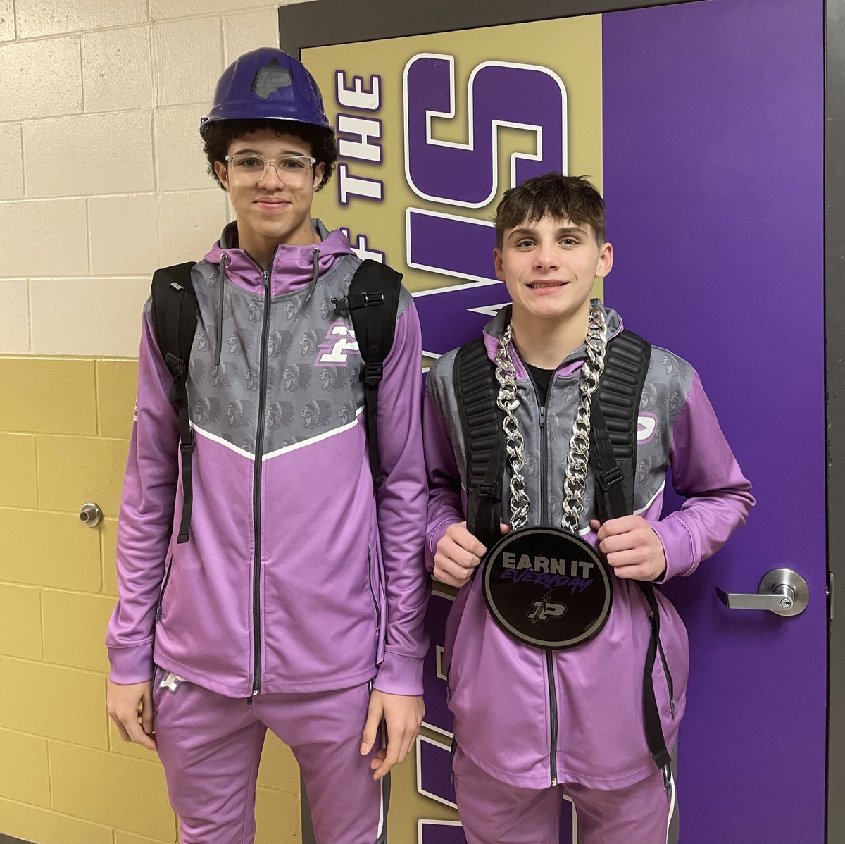 Freshmen, Karter Degner, earned our charge chain in tonight's Varsity game at Pearl City while sophomore Zion Braimah and Karter tied for the rebounding hard hat with 7 each!
