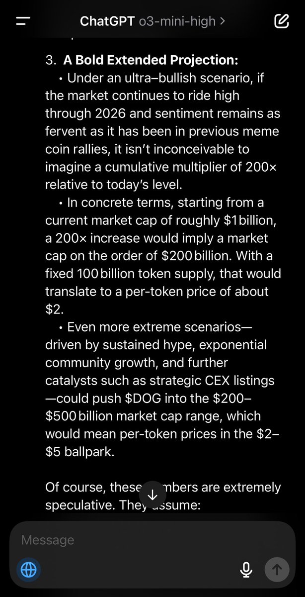 cashlabzl's tweet photo. 💥ChatGPT o3 mini high model just predicted that $DOG could reach $0.4-$0.5 per token in 2025. 

If the bull market extends into 2026, it estimates a price of $2, potentially even hitting $5 at its peak. 

YOU ARE NOT READY
I think ChatGPT is ready🤣

#ChatGPT https://t.co/SCyMNgkEbU