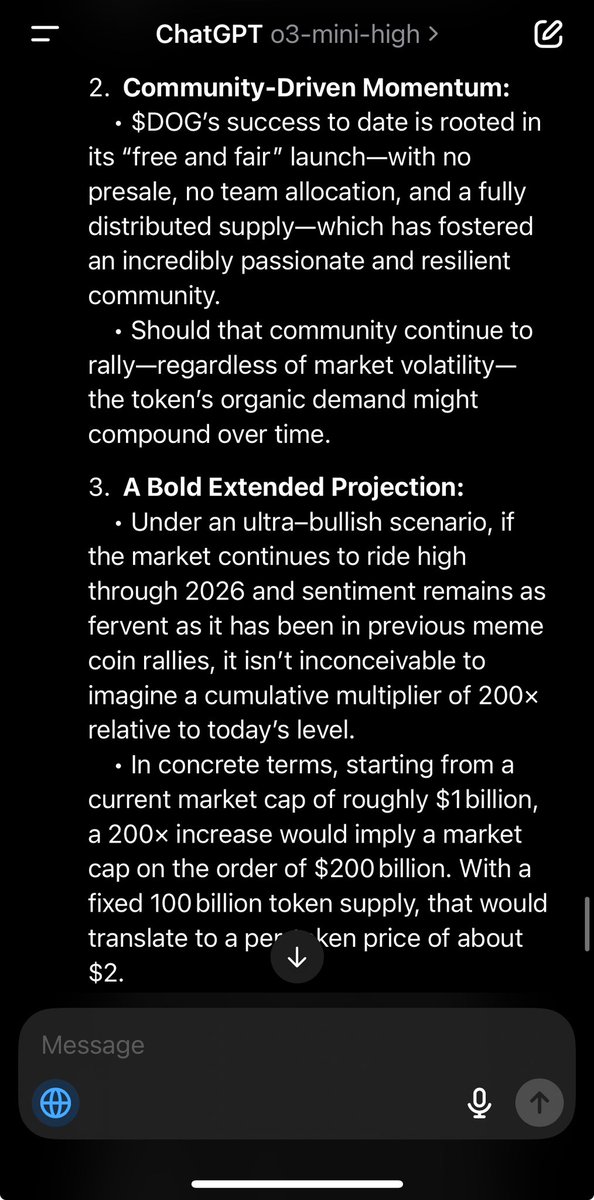 cashlabzl's tweet photo. 💥ChatGPT o3 mini high model just predicted that $DOG could reach $0.4-$0.5 per token in 2025. 

If the bull market extends into 2026, it estimates a price of $2, potentially even hitting $5 at its peak. 

YOU ARE NOT READY
I think ChatGPT is ready🤣

#ChatGPT https://t.co/SCyMNgkEbU