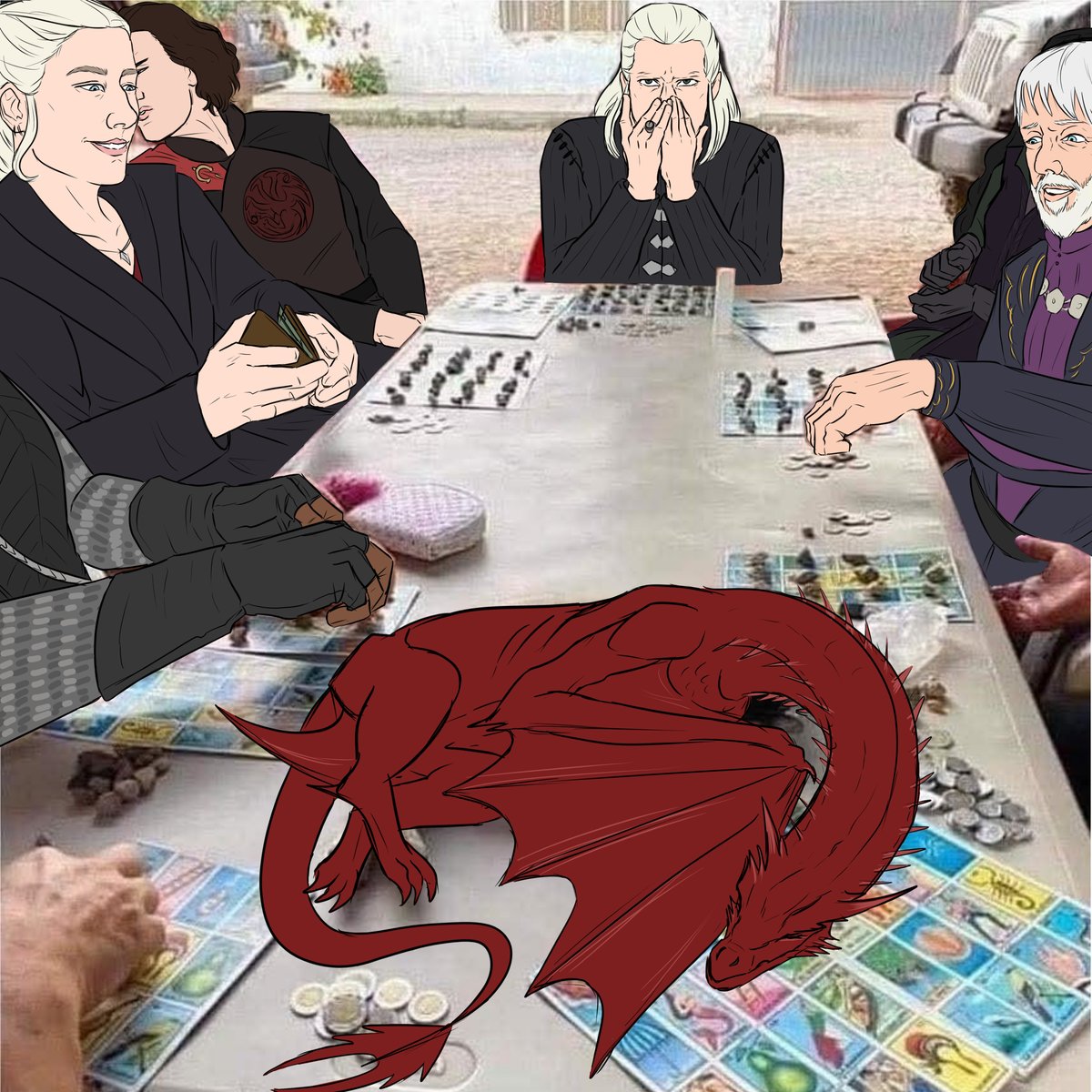 conizk's tweet photo. "Next round, I'll get you back, Caraxes" 

 His ass is bad at bingo and he bet Caraxes

#daemon #rhaenyra #jacaerys #hotd #targaryen #caraxes https://t.co/B7adAGBhBG