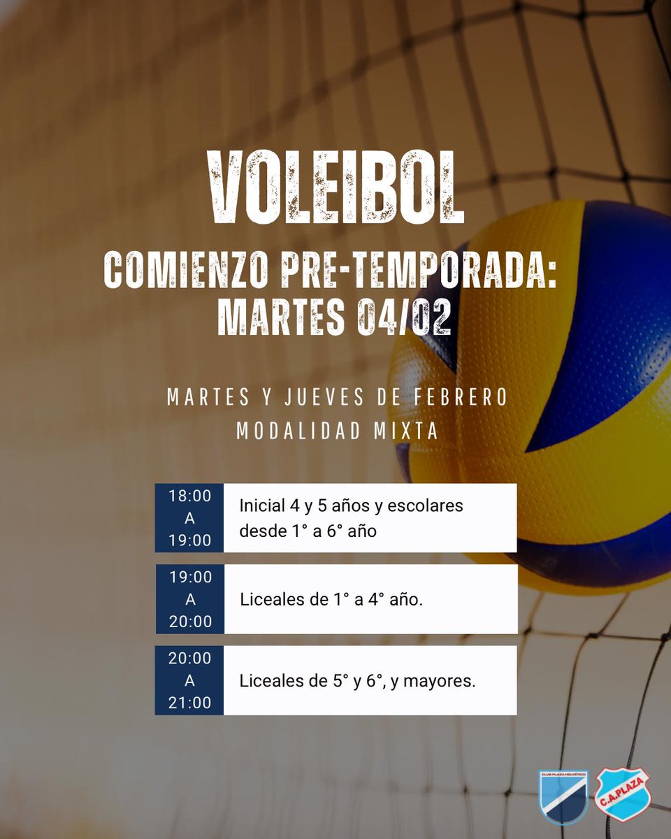 PlazaNH's tweet photo. Arranca el Año!
Febrero 2025

QUIERES SER PARTE DEL CLUB PLAZA HELVÉTICO Y COMPETIR AL MEJOR NIVEL DEL DEPORETE FORMATIVO DEL PAIS?

Inicio de actividades:
🏀🏀🏀
Lunes 3 de Febrero:
Básquetbol: lunes, miércoles y viernes.
🏐🏐🏐
Martes 4 de Febrero:
Voleibol: martes y jueves. https://t.co/6aL1XDjZKd