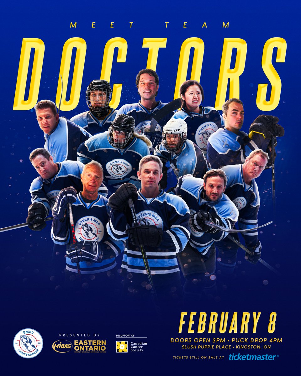 Meet team doctors 👋🏾
This group is ready to trade their stethoscopes for sticks when they take on the students in just over a week! 🩺🏒
There’s still time to get your tickets! 
qmedfightscancer.ca/tickets