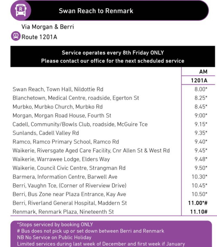AussieWirraway's tweet image. Today I learned there is a bus service in Country South Australia that operates "Every 8th Friday only," which seems to mean it operates six times a year total??

It would certainly have to be the least frequent bus in Australia right?