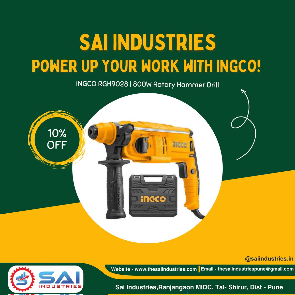 Sai__Industries's tweet image. Sai Industries presents 🔨 INGCO RGH9028 800W Rotary Hammer Drill! 💪🔥 Experience powerful drilling, hammering &amp;amp; chiseling with its high-performance 800W motor and ergonomic design. Get yours today! 🚀

#saiindustries #INGCOTools #RotaryHammer #PowerTools