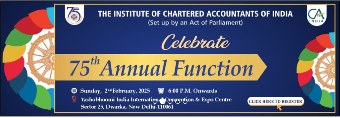 Please book your Free slot for 2nd Half Tomorrow All CA can register - invite.icai.org

Attractions: Chief Guest - Shri Jagdeep Dhankhar, Hon'ble Vice President, Guest of Honour - CA. ND Gupta, Member Parliament. 

Cultural Program
Show by Dr. Sunil Grover

Regards