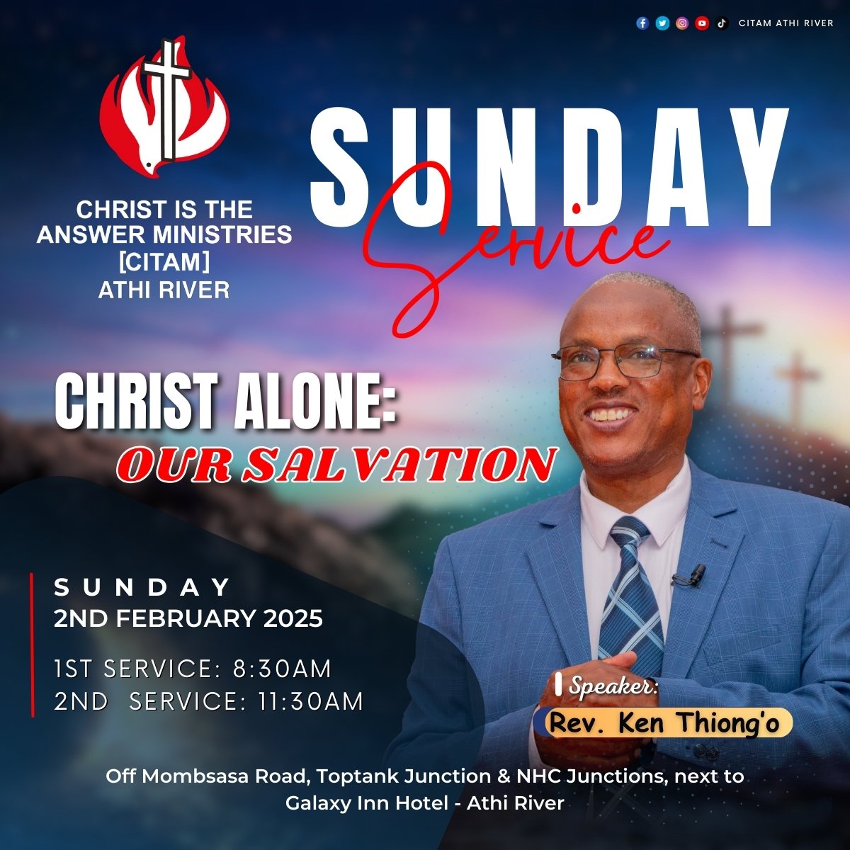 We welcome you to our Family Services, this Sunday 2nd February 2025. Our Senior Pastor, Rev. Ken Thiong'o will be speaking on - 𝗖𝗵𝗿𝗶𝘀𝘁 𝗔𝗹𝗼𝗻𝗲: 𝗢𝘂𝗿 𝗦𝗮𝗹𝘃𝗮𝘁𝗶𝗼𝗻. See you in church!

 #ChristIsTheAnswer #SundayService #InStepWithTheSpirit