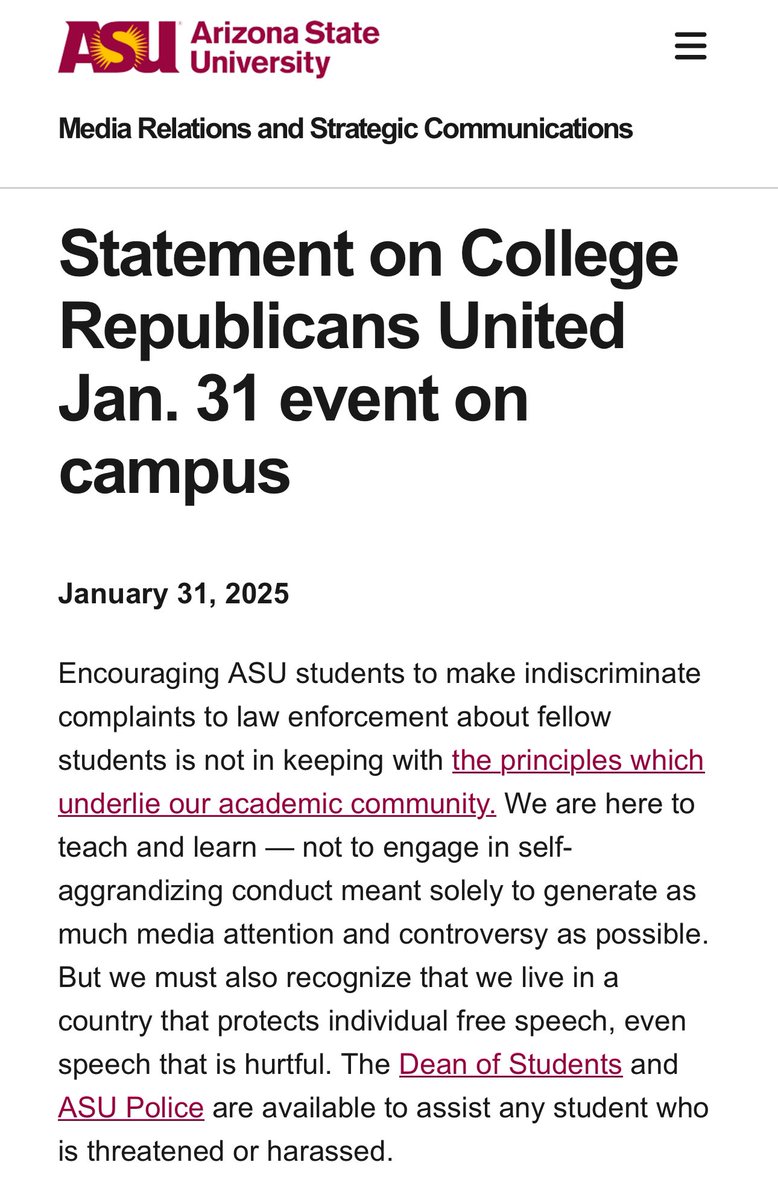 Young Democrats of Arizona (@ydaz) on Twitter photo According to <a href="/ASU/">Arizona State University</a>, “free speech” includes targeted, organized hate speech and racial profiling, but does not include protesting against genocide.
The lukewarm statement makes one thing crystal clear: ASU will not protect students of color against white supremacists. ⬇️ According to <a href="/ASU/">Arizona State University</a>, “free speech” includes targeted, organized hate speech and racial profiling, but does not include protesting against genocide.
The lukewarm statement makes one thing crystal clear: ASU will not protect students of color against white supremacists. ⬇️