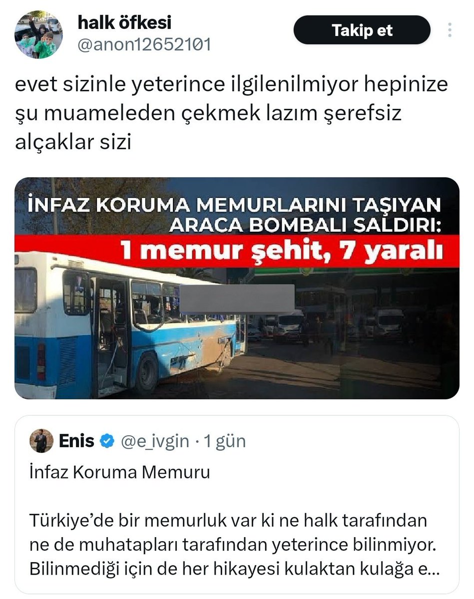 İnfaz Koruma Memurları Her An Ölümle Tehdit Ediliyor

İnfaz Koruma Memuru, bu tweet'te de görüldüğü gibi, her zaman ölüm tehdidi ve hakaret altında görevini yerine getiren, toplumun güvenliği için büyük fedakârlıklar gösteren kamu görevlisidir.
Sayın yetkililer, bu zorlu şartlar