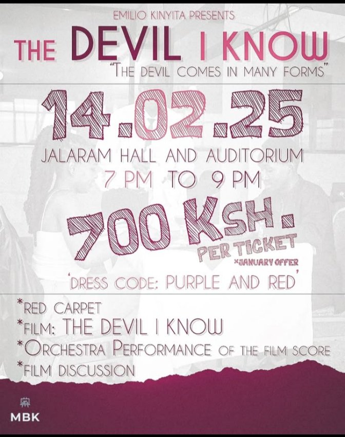 Get your tickets now for "The Devil I Know" before they're gone! Feb 14th at Jalaram Hall. #Nairobi #FilmPremiere #Tickets